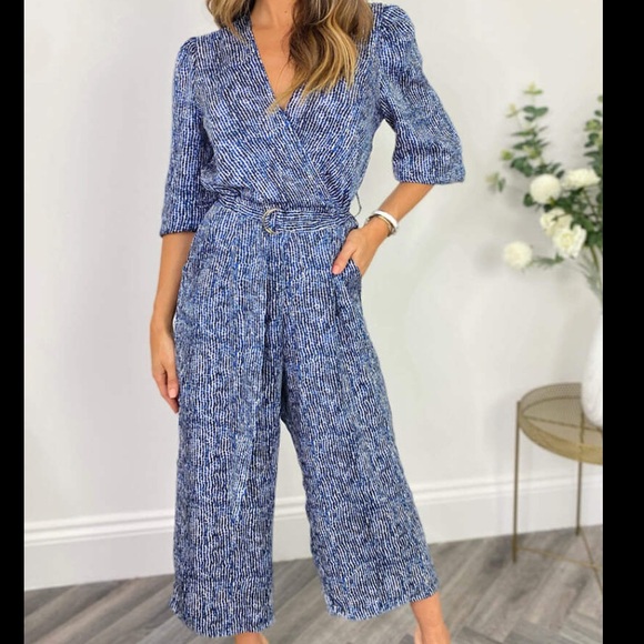 AX PARIS Blue Print V-Neck Wrap Jumpsuit - Picture 1 of 9